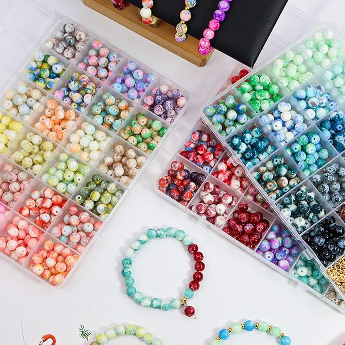 70 Colors 8mm Round Glass Beads for Jewelry Making, 1600Pcs Baking Paint Bead Bracelet Making Kit, with Gold Spacer Beads and Charms Beads Set, DIY Crafts Gifts for Women Men