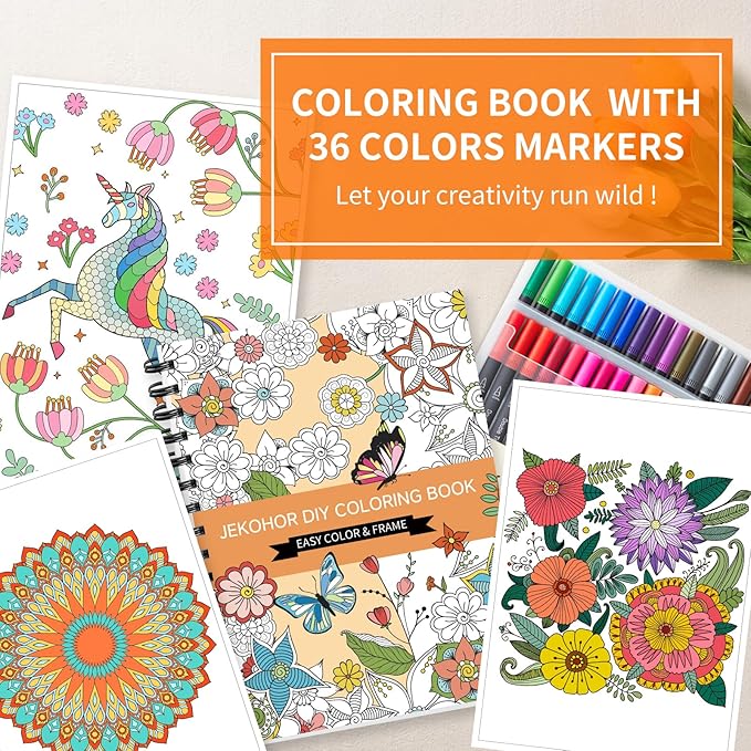 Adult Coloring Book Set,Spiral Bound Coloring Books for Adults Relaxation with 36 Colors Non-toxic Markers, Anxiety Relief Gifts with 30 Patterns Included Mandala Animal Flowers