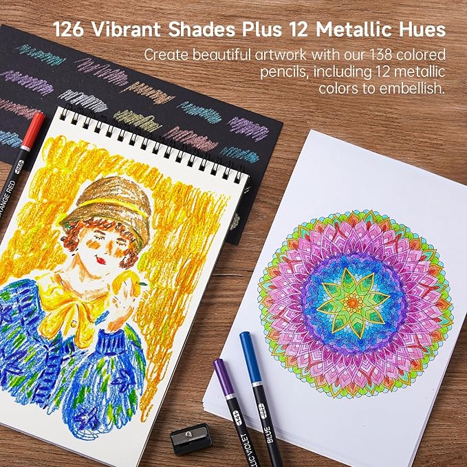 Shuttle Art 138 Colored Pencils for Adults, Soft Core Coloring Pencils Set with 1 Coloring Book,1 Sketch Pad, 4 Sharpener, 2 Pencil Extender, Perfect for Artists Kids Adults, Drawing