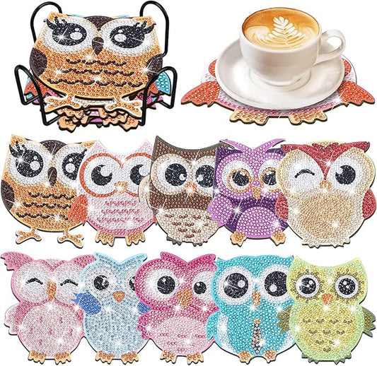 YLOLUL 10 Pcs Owl Shaped Diamond Painting Coasters Kits DIY Owl Diamond Painting Coasters with Holder Owl Diamond Painting Coasters for Beginners Adults and Kids Art Craft Supplies Gift (Owl)