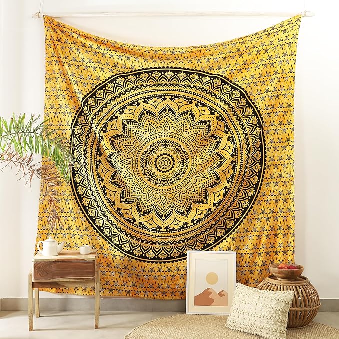 popular handicrafts queen mandala hippie tie dye psychedelic ombre tapestry wall hanging - indian maditation gypsy bohemian hippy dorm room decor yellow 81x88 inch