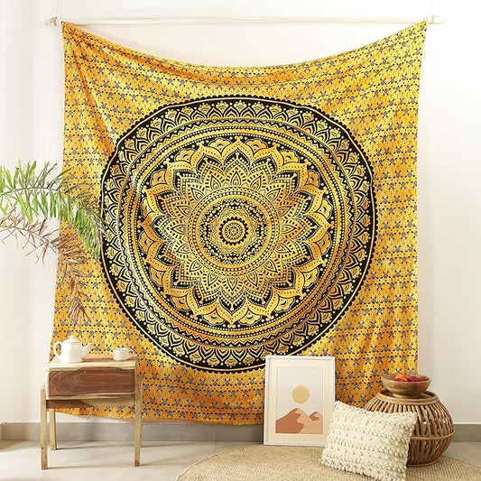 popular handicrafts queen mandala hippie tie dye psychedelic ombre tapestry wall hanging - indian maditation gypsy bohemian hippy dorm room decor yellow 81x88 inch