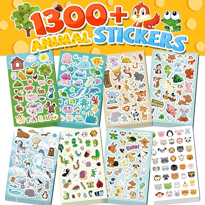 sinceroduct stickers for kids, 1300+ cute animals water bottle sticker, 8 sheets of children stickers with different theme scrapbooking for classroom, christmas day, crafts, party favors, decorations