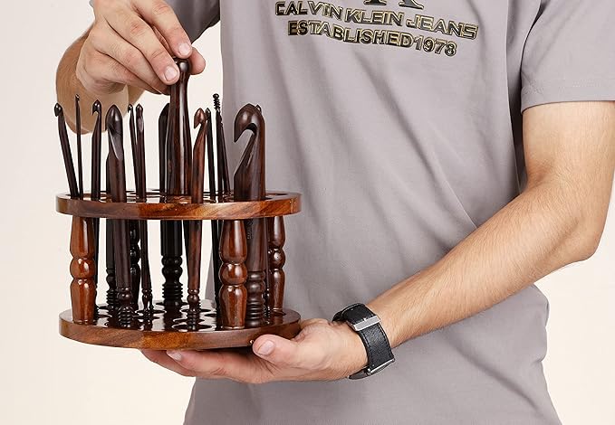 Brainmart Wooden Crochet Hooks, Set of 15 Premium Rosewood Knitting Hooks, 3.5mm(E) to 25mm(P) with Holder Ergonomic Knitting Needles, Perfect for Knitters & Crocheting