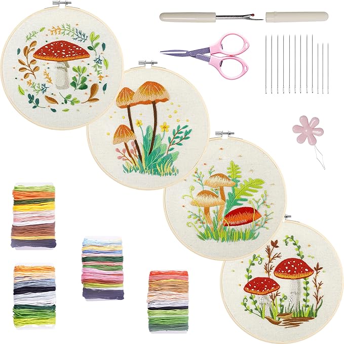 Bonroy 4 Sets Embroidery Kit for Beginners with Instructions,Cross Stitch Kits for Adults with Pattern,Needlepoint Kits for Adult Include Embroidery Cloth Hoops Needles Threads(Mushroom)