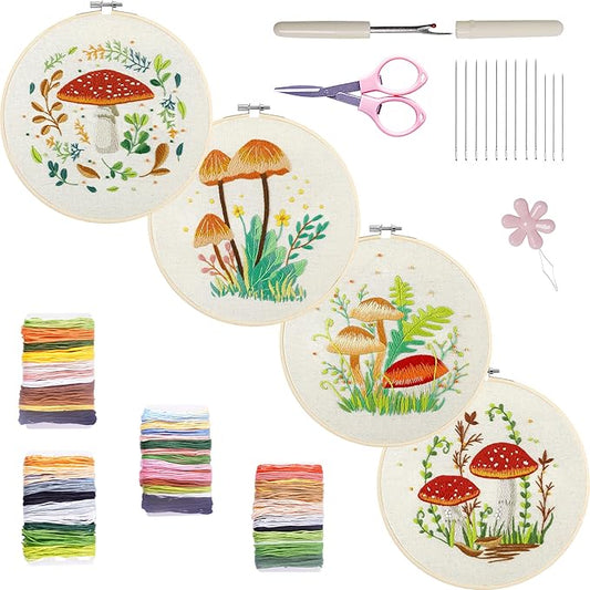 Bonroy 4 Sets Embroidery Kit for Beginners with Instructions,Cross Stitch Kits for Adults with Pattern,Needlepoint Kits for Adult Include Embroidery Cloth Hoops Needles Threads(Mushroom)