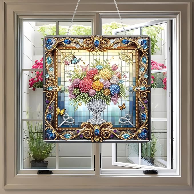 Diamond Art Kit for Adult, Special Shaped Rhinestone, DIY Acrylic Painting Window Pendants, Home Garden Wall Hanging Ornament, Double Sided (Flower-1)