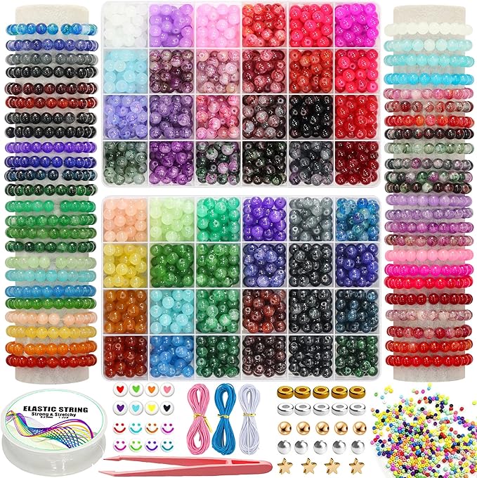 LIS HEGENSA 8MM 48Color Glass Beads for Bracelet Making Kit, 1700pcs+ Round Crystal Glass Beads Jewelry Making Kits, Bead Starter Kit for DIY Crafts,Friendship Bracelets (48Color(1700PCS))