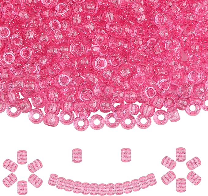 Plastic Pony Beads, 1000 Pcs, 6x9mm, for Bracelet, Hair Braiding, Friendship Bracelets, Jewelry Making (Pink Glitter)
