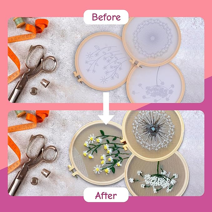 Clear Background Embroidery Kit for Beginners – DIY Hand Embroidery Kit with 3 Hoops, Stamped Patterns, Needles, Thread, Scissors – Minimalist Embroidery Set for Adults, Teens, Women, Craft Lovers