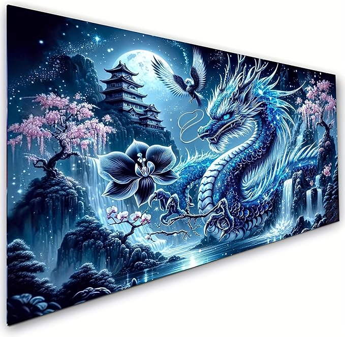 Fantasy Dragon 5D Diamond Painting Kits for Adults,Waterfall Landscape Diamond Mosaic Art,DIY Full Round Diamond Embroidery,Diamond Art Kits for Home Decor,Large size 31.5 x 15.7 inches,DIY Mosaic Art