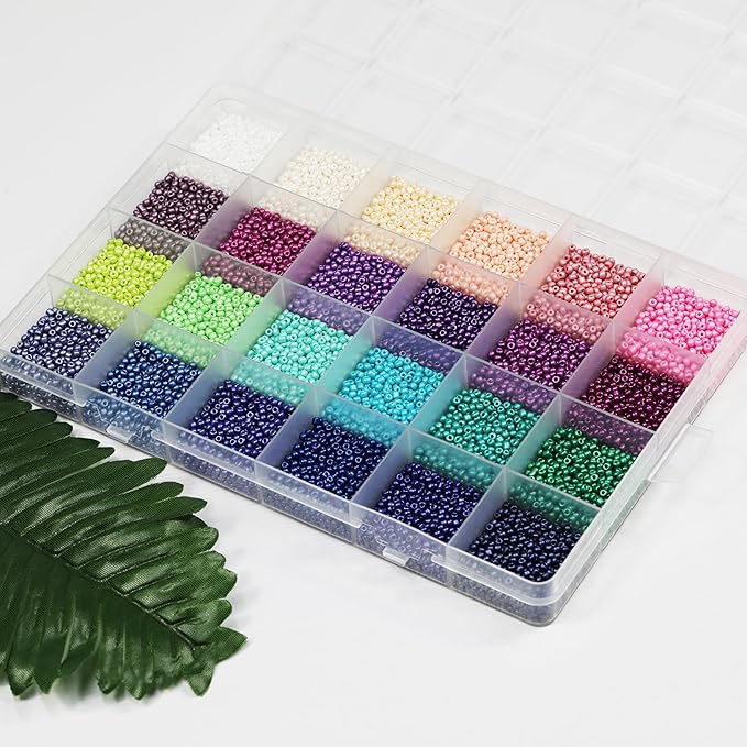 VOOMOLOVE 12/0 Glass Seed Beads Kit - 15800pcs, 24 Colors, 2mm, Bracelet Making Beads with 24-Grid Plastic Storage Box