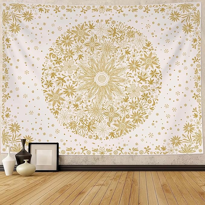 neasow bohemian tapestry wall hanging, yellow floral tapestry with dotted daisy medallion print bedroom boho hippie home decor, 50x60 inches