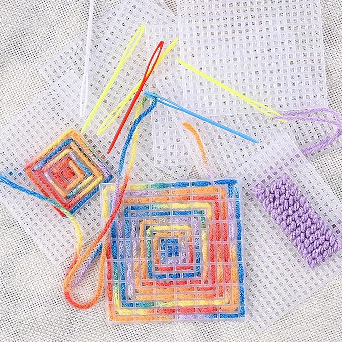 Allazone 45 PCS Mesh Plastic Canvas Sheets Kit, 3 Shape Clear Plastic Canvas, 12 Color Acrylic Yarn for DIY Crafts Embroidery Cross Stitch, Acrylic Yarn Crafting, Knit and Crochet Projects