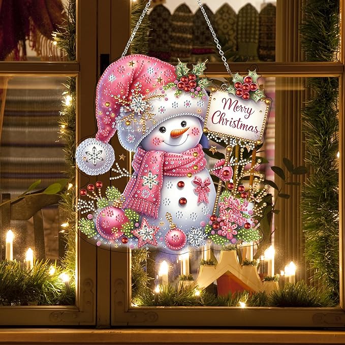 Diamond Art Hanging Kit for Adult,Special Shaped Rhinestone,DIY Acrylic Diamond Art Painting Window Pendants Home Garden Wall Hanging Kits Hanging Ornament,Double Sided. (Christmas Snowman-2)