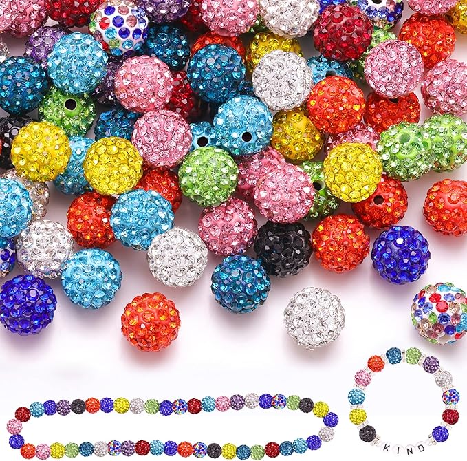 120 pcs 10mm rhinestone beads for jewelry making, 12 mixed colors shiny round shamballa disco ball beads, sparkle crystal clay christmas for bracelet baseball necklace earring and diy