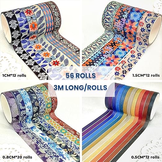 Floral Washi Tape Set, 56 Rolls 4 Size Flower Colored Decorative Blooms Masking Tapes for Scrapbooking, DIY Crafts, Bullet Journal Supplies, Planner, Junk Journal (Symmetry Aesthetics)