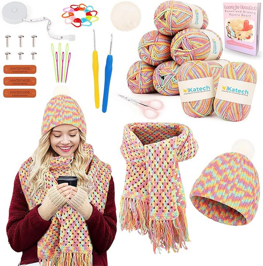 katech crochet kit for beginners-crochet kit for adults learn to crochet granny square scarf beanie hat, complete set for crocheting scarf w/step-by-step instructions 6 blend yarn-macaron