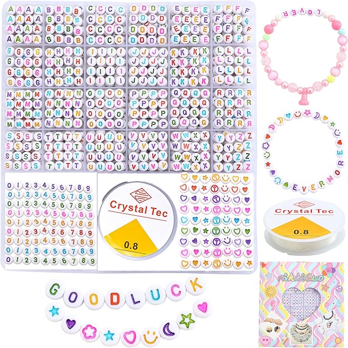 nikkiGuo 1250 PCS Letter Beads Kit with Elastic Cord – Alphabet A–Z, Numbers, Heart, Moon, Star, Smiley Beads for Friendship Bracelets & DIY Jewelry (White Beats & Colorful Letters)