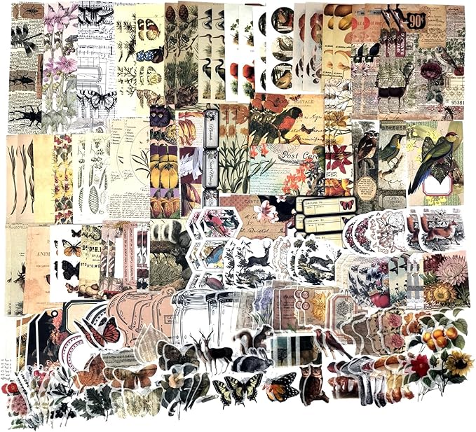 Esweny 200 Pieces Vintage Ephemera Scrapbooking Supplies Pack for Journaling, Decoupage Paper Scrapbook Stickers Kit for Junk Journal Planners Collage Craft Notebooks Album (Forests)