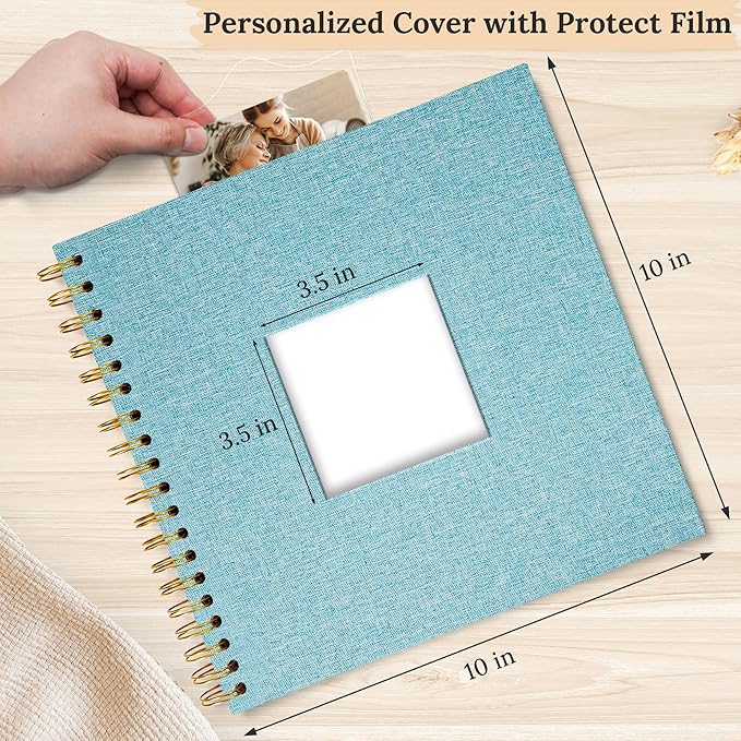Scrapbook Photo Album Linen Cover, 10 x 10 Inch Hardcover Kraft White Pages Memory Book, for Travel Wedding Guest Book Christmas Baby Shower (20 Sheets/ 40 Pages,Light Blue)