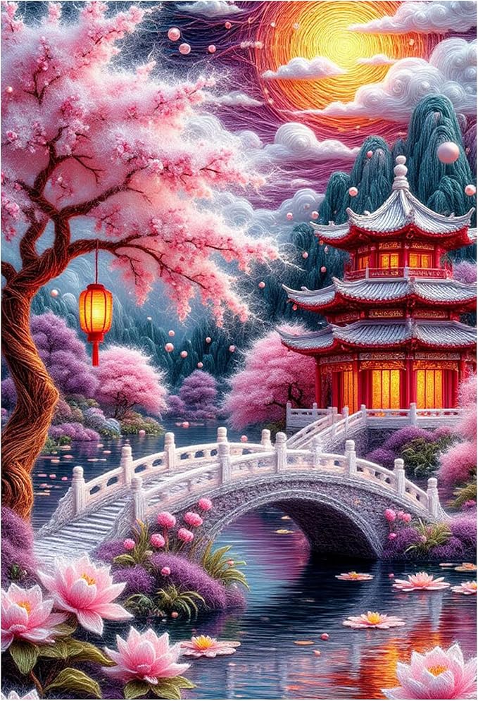 KUFWKEY Landscape DIY Diamond Painting Kit, Japanese Garden Scene Diamond Art Kits for Adults,5D Full Round Drill Diamond Mosaic Kits,DIY Diamond Dots for Beginners,12x16 inch