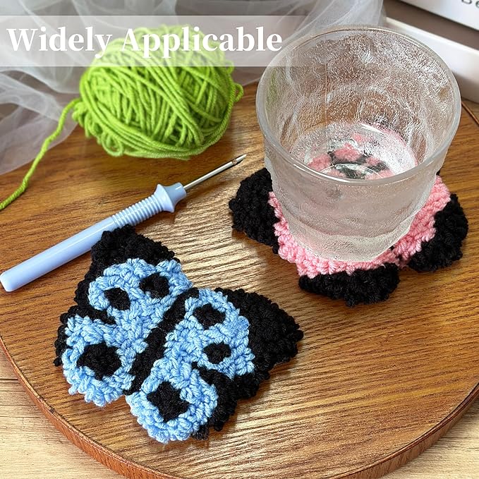 Morledoa Butterfly Punch Needle Coasters Kit, Punch Needle Kits Adults Beginner, Butterfly Coasters Kit Including Adhesive Felt, Yarns, Embroidery Hoop, Instruction