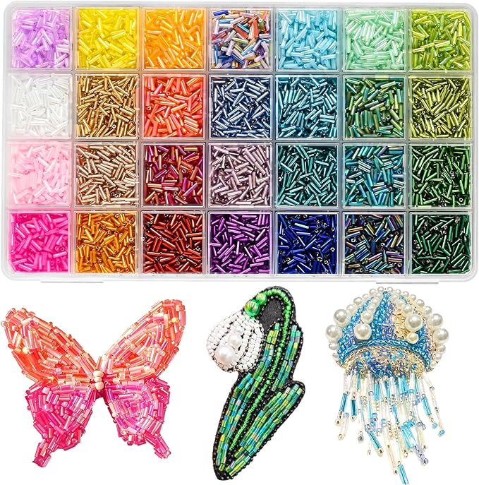 Tube Beads Kit, 7 mm Glass Tube Seed Beads 28 Colored Bugle Embroidery Beads Supplies for DIY Crafting Bracelet Necklaces Jewelry Gift Making & Home Decoration