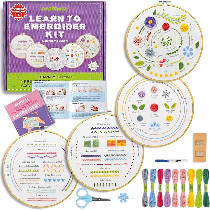 Craftwiz 4-Piece Starter Embroidery Kit for Beginners and Expert with Simple Patterns, Learn 29 Stitches with Hand Embroidery Kit