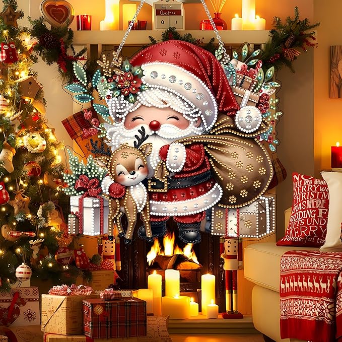 JJFox Diamond Art Hanging Kit for Adult,Special Shaped Rhinestone,DIY Acrylic Diamond Art Painting Window Pendants Home Garden Wall Hanging Kits Hanging Ornament,Double Sided (Father Christmas)