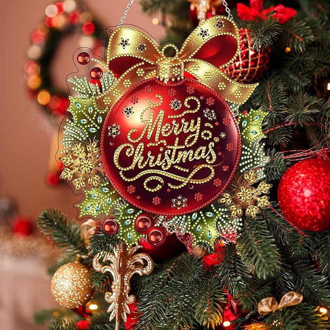 DIY Diamond Art Painting Wreath Kits，Special Shaped Rhinestone Hanging Ornament Diamond Art Window Pendants for Gift Home Garden Wall Hanging Kits,Double Sided (Merry Christmas)