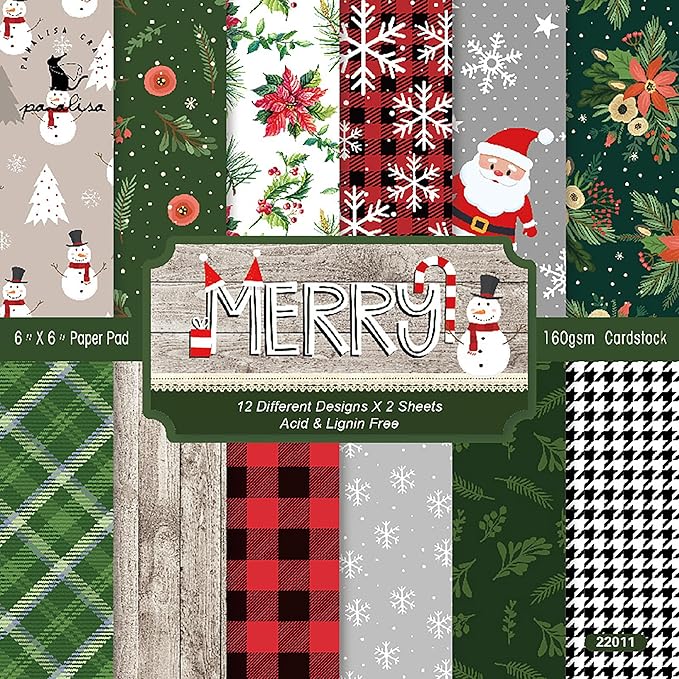 Christmas Pattern Scrapbook Paper, 6 Inch Card Production Supplies, 24 Sheets Single Sided Acid-Free Cardstock Greeting Card, Handmade Gift Journaling Craft Kits (C-style)