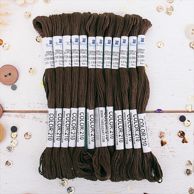 12 Skeins ThreadArt Premium Egyptian Long Fiber Cotton Embroidery Floss | Coffee Brown | 6 Strand Divisible Thread 8.75yds Each for Hand Embroidery, Friendship Bracelets, Cross Stitch and Crafts