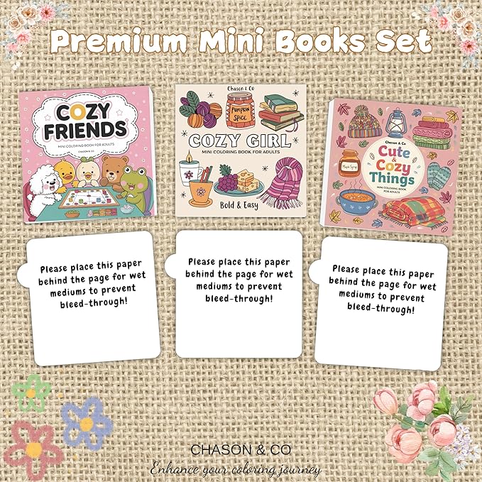 Chason & Co Mini Coloring Book Adult Bulk - Small Coloring Books for Adults | 180GSM Textured Art Paper — Pro Art Experience Made Effortless | Bold and Easy Art | 50 Pages x 3 Pack Travel Size (Cozy)