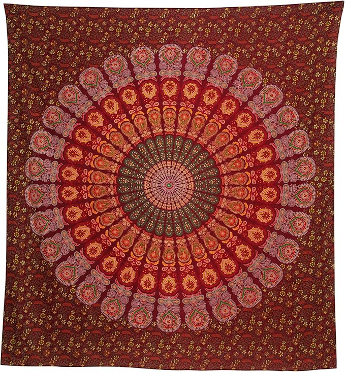 bless international handmade indian hippie bohemian psychedelic peacock mandala wall hanging college dorm beach throws table cloth bedding tapestry (maroon yellow, queen(84x90inches)(215x230cms))