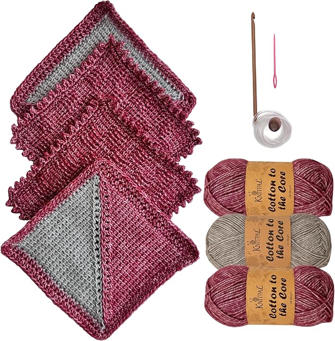 KnitPal Everyday Joy Tunisian Crochet Dishcloth Kit for Confident Beginners – Make 4 Reusable Dishcloths – Cotton Yarn, Tunisian Crochet Hook, 2 Patterns & Video Tutorials (Cherry Red + Elephant Gray)
