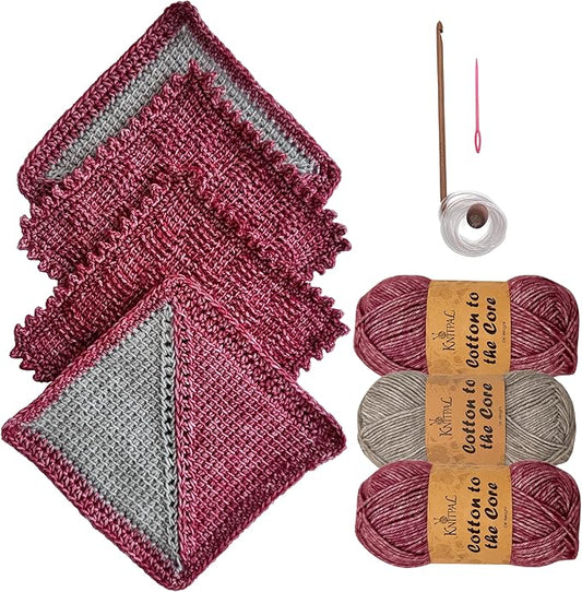KnitPal Everyday Joy Tunisian Crochet Dishcloth Kit for Confident Beginners – Make 4 Reusable Dishcloths – Cotton Yarn, Tunisian Crochet Hook, 2 Patterns & Video Tutorials (Cherry Red + Elephant Gray)