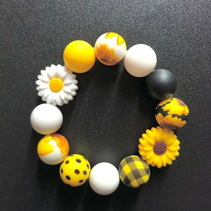 84Pcs Sunflower Silicone Beads Set 15mm Round Silicone Beads Bulk Yellow Black White Silicone Focal Beads Daisy Flower DIY Crafts Loose Spacer Beads for Pens Keychain Bracelet Necklace Lanyard Making