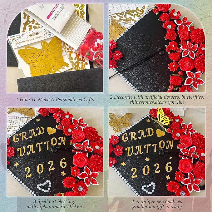 VISSTREE DIY Graduation Cap Decoration, 56 Pcs Cap Decorations for Graduation Kit 2026 DIY Grad Cap Graduation Gift with Blue Paper Flowers 3D Glitter Butterfly Custom Number Letter Stickers Decor