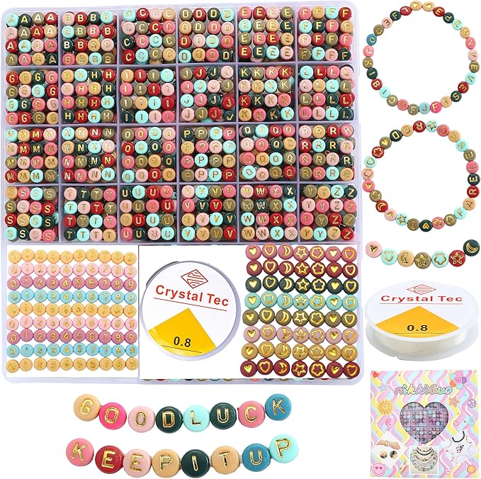 nikkiGuo 1250 PCS Letter Beads Kit with Elastic Cord – Alphabet A–Z, Numbers, Heart, Moon, Star, Smiley Beads for Friendship Bracelets & DIY Jewelry (Colorful Beats & Golden Letters)