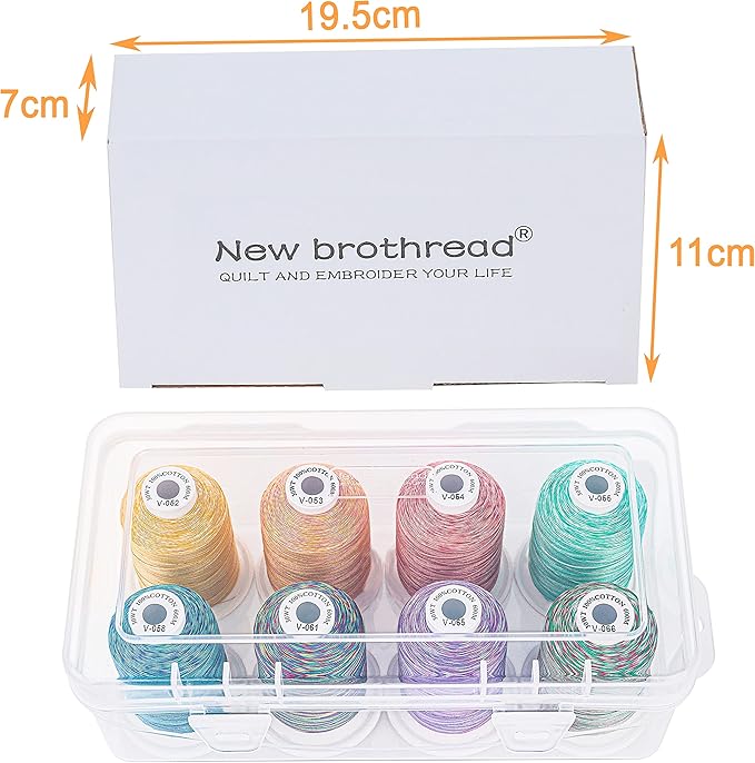New brothread - 18 Options - Multi-Purpose 100% Mercerized Cotton Thread 50S/3 600M Each Spool for Quilting, Serger, Sewing and Embroidery - 8xVariegated Colors-2 with Clear Plastic Storage Box