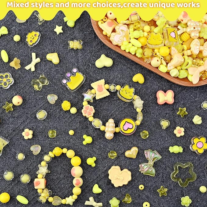 Omiposs 300Pcs Acrylic Beads for Bracelet Making with Cute Kawaii Charms, Beads & Assortments for Friendship Bracelets, Jewelry Making DIY Necklace Keychain Phone Charm Craft Gifts (Yellow)
