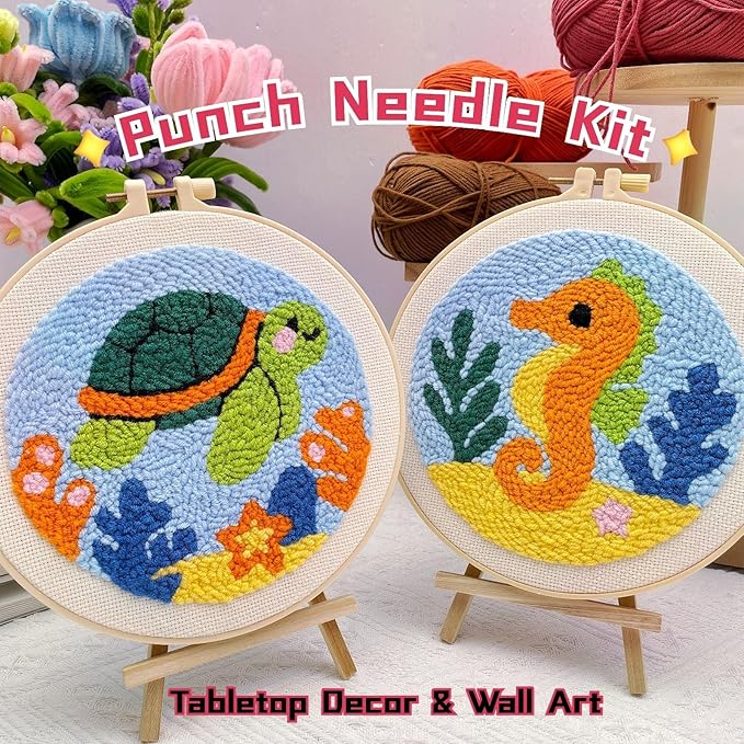 Punch Needle Kit for Beginner, 2-Pack Turtle & Sea Horse Punch Embroidery Starter Set with Instructions – Yarn Needle Punch Craft for Xmas Gift Idea & Home Wall Decor