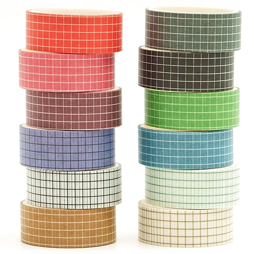 12 Rolls Grid Washi Tape Set Plaid Arts Adhesive Tapes Basic Patterns Decorative Masking Tape Sets for Craft, Kids, Scrapbook, DIY, Gift Wrapping (Style One)
