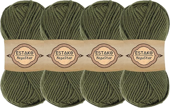 Estako Megastar, (4 Skeins Pack) 75% Acrylic 25% Wool Yarn, Soft, Chunky Bulky Weight #5 for Crochet and Knitting (4 x 3.52 Oz) / (4 x 120 Yrds) (64065 - Khaki)