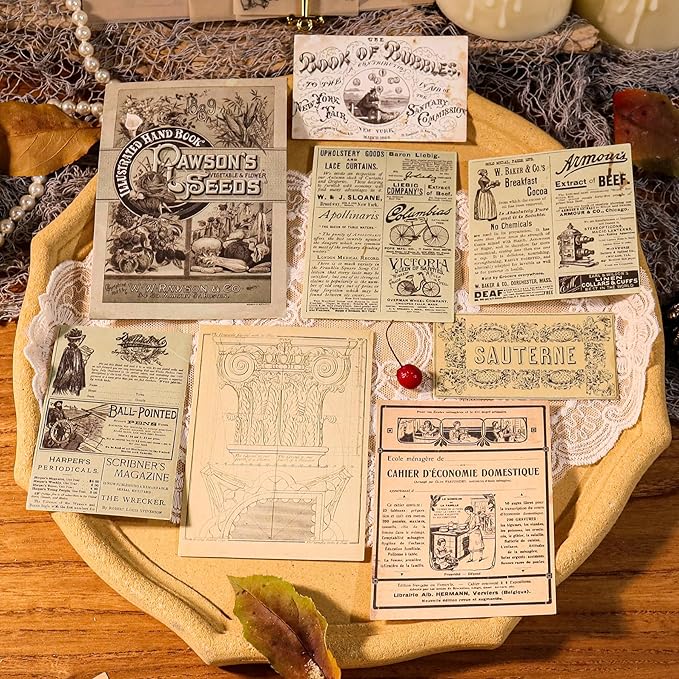 CATaireen Vintage Junk-Journal Mixed Paper Scrapbooking Embellishments Set Retro Journaling Decoupage Stickers Textured Packaging Decorative Cards Tags Kit (Poster B)