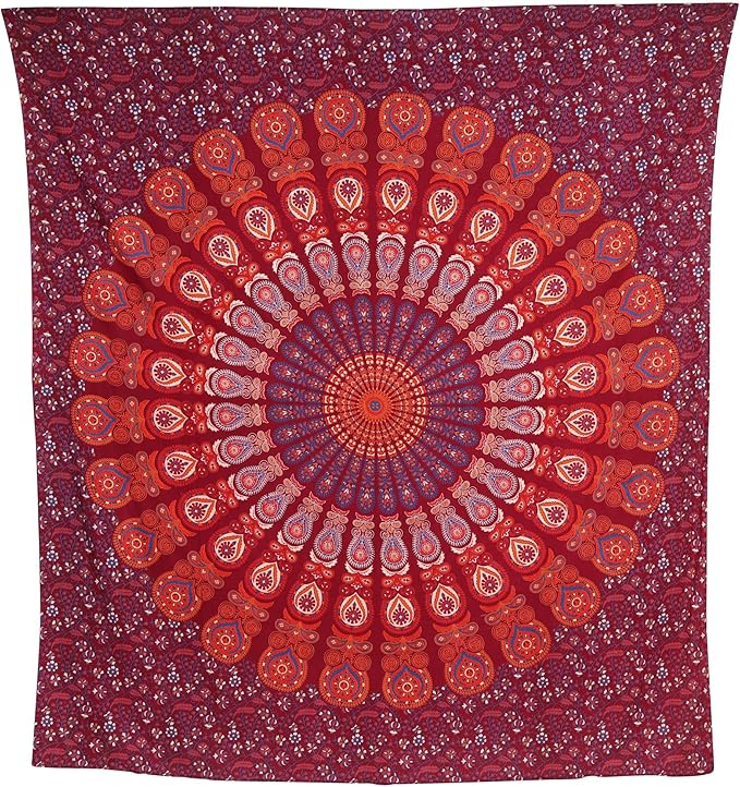 bless international handmade indian hippie bohemian psychedelic peacock mandala wall hanging college dorm beach throws table cloth bedding tapestry (blue red, king(88x104inches)(225x265cms))