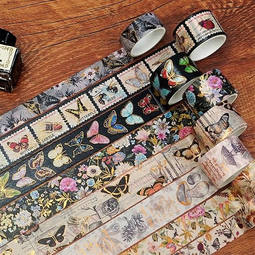 YUBX Butterfly Washi Tape Set 18 Rolls Vintage Gold Foil Masking Wide Retro Decorative Tapes for Arts, DIY Crafts, Journals, Planners, Scrapbook, Wrapping