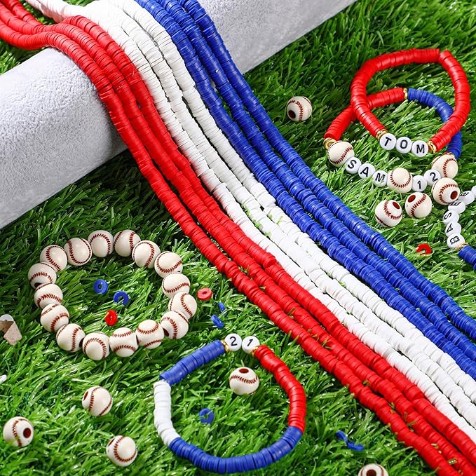 Ferreve 4200 Pcs Baseball 12 Strands Clay Beads Bracelet Making Kit, 100 Letter and Number Beads, 120 Baseball Acrylic with Gold Spacer, Charm Bracelet Kit for Sport Party