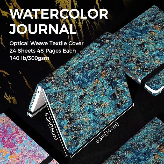 Funto Watercolor Journal, 6.3x6.3, 2 Pack, 24 Sheets Each, 100% Cotton Cold Press, 300gsm/140lb, Inner Paper Pocket, Art Supplies for Mixed Media